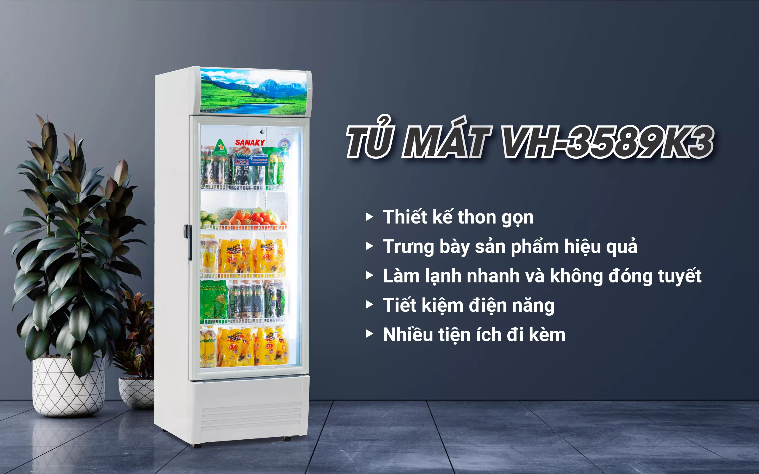 Tủ mát 350 lít Sanaky Inverter VH-3589K3 trưng bày đồ uống
