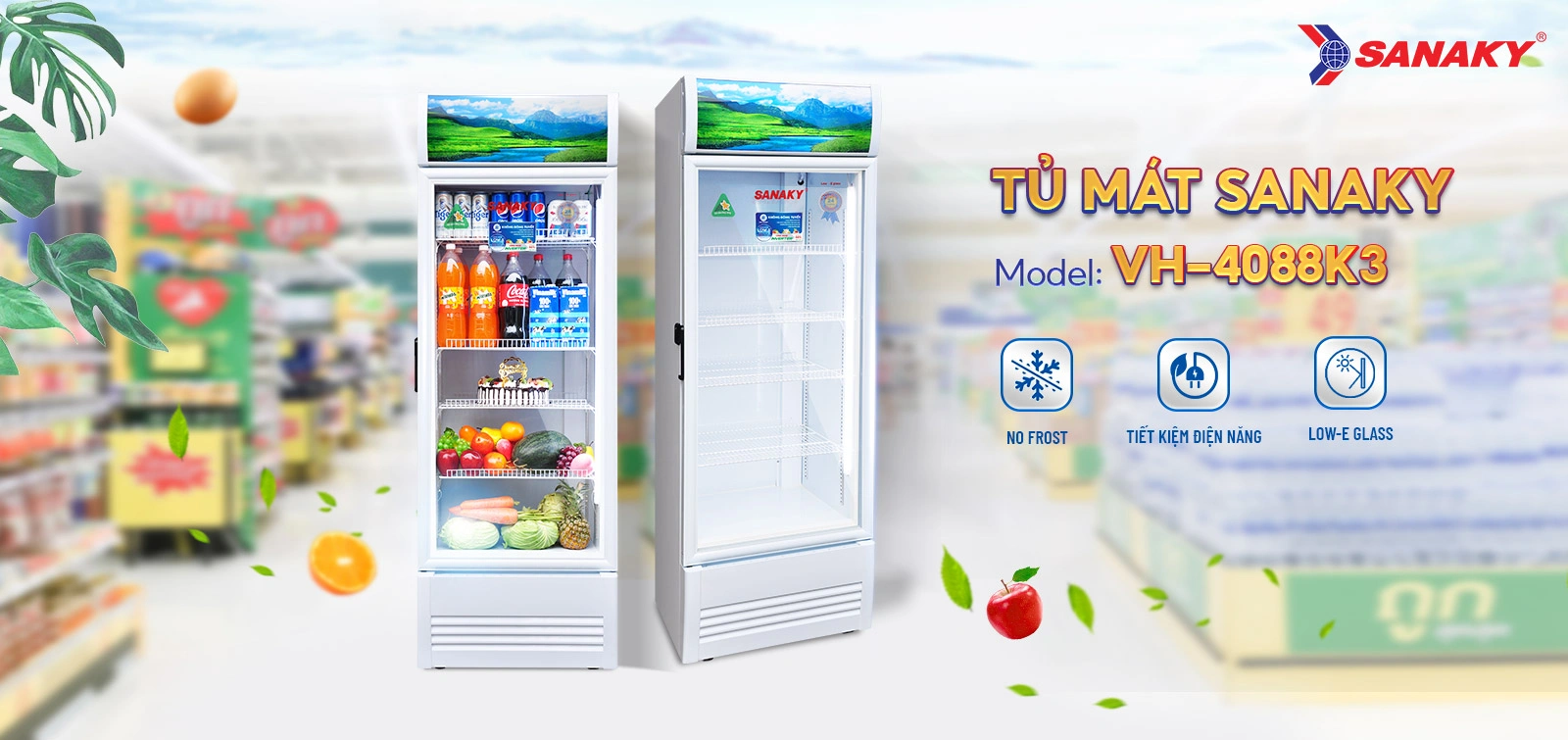 Tủ mát 350 lít Sanaky Inverter VH-4088K3 cửa kính trưng bày