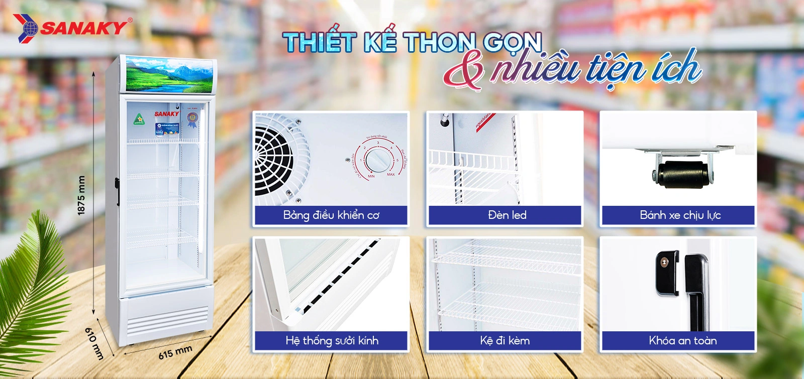 Thiết kế thon gọn cùng nhiều tiện ích Tủ mát 350 lít Sanaky VH-4088K thiết kế thon gọn với bảng điều khiển cơ, đèn LED và hệ thống kệ đi kèm