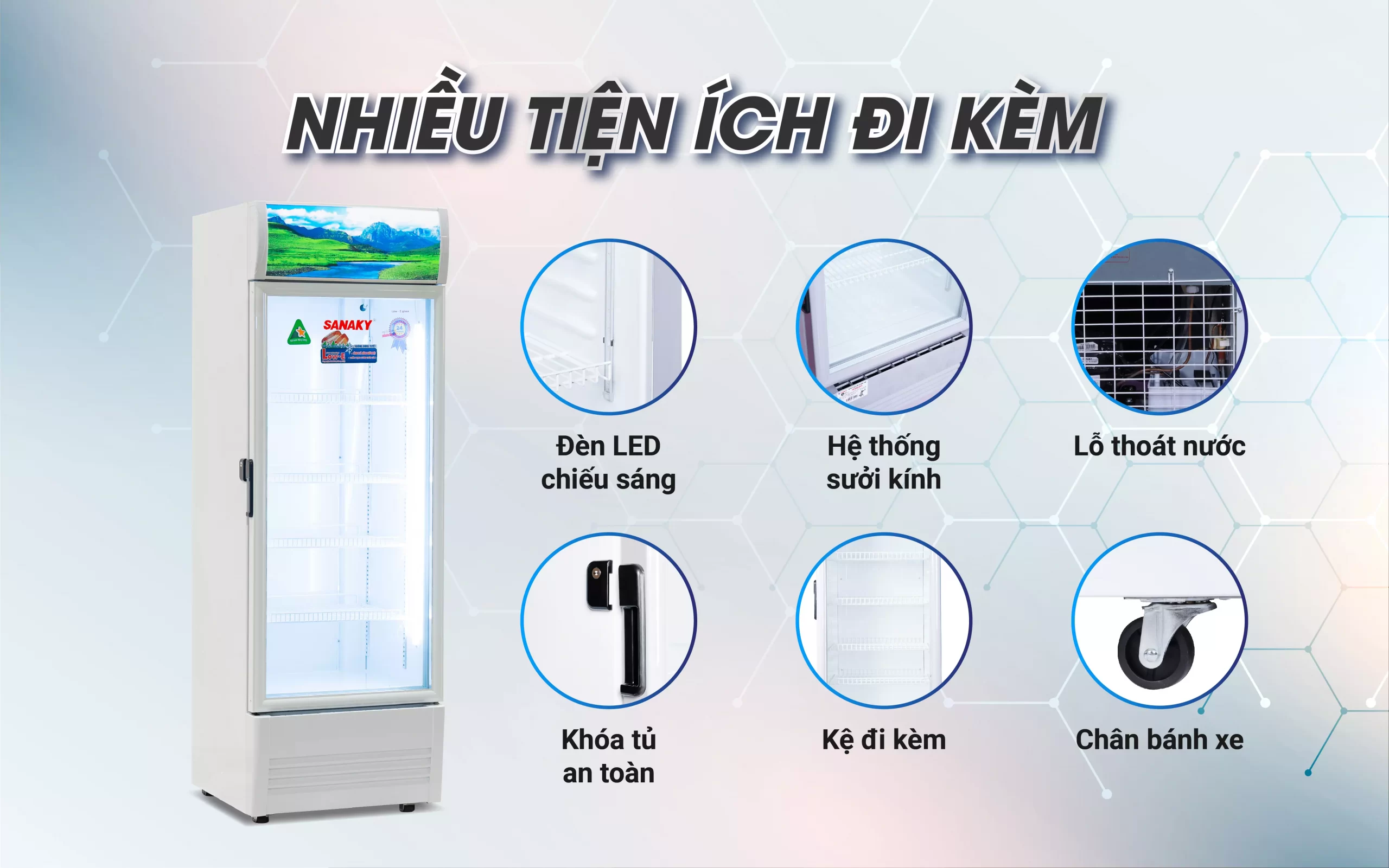 Tủ mát 400 lít Sanaky Inverter VH-4089K3 với nhiều tiện ích đi kèm như đèn LED, hệ thống sưởi kính và chân bánh xe