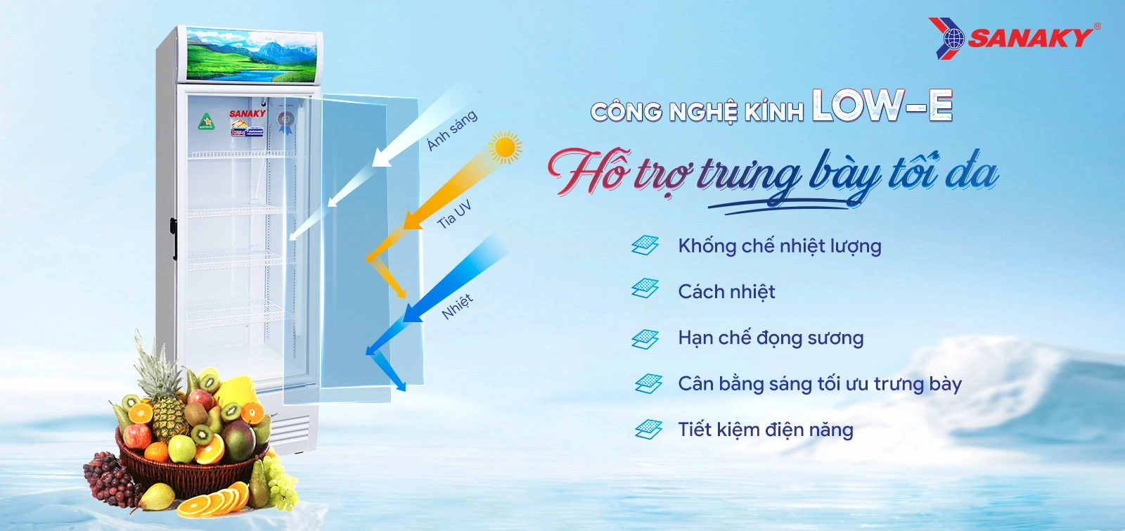 Công nghệ kính Low-E hỗ trợ trưng bày tối đa Công nghệ kính Low-E trên tủ mát 400 lít Sanaky VH-4599K hỗ trợ trưng bày tối đa