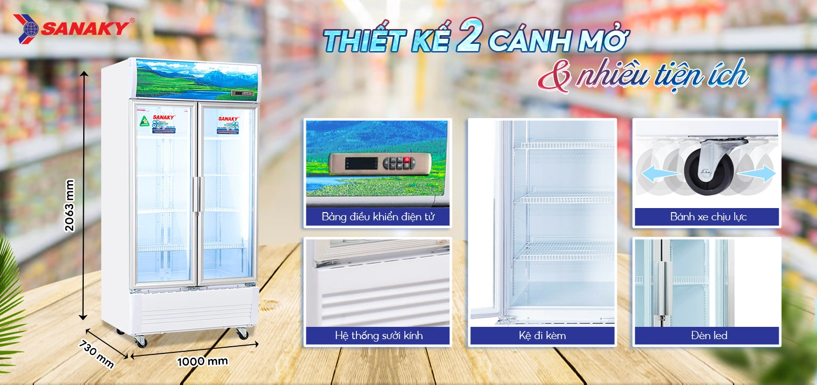 Tủ mát 900 lít Sanaky Inverter VH-1009HP3 thiết kế 2 cánh mở với hệ thống kệ và đèn LED