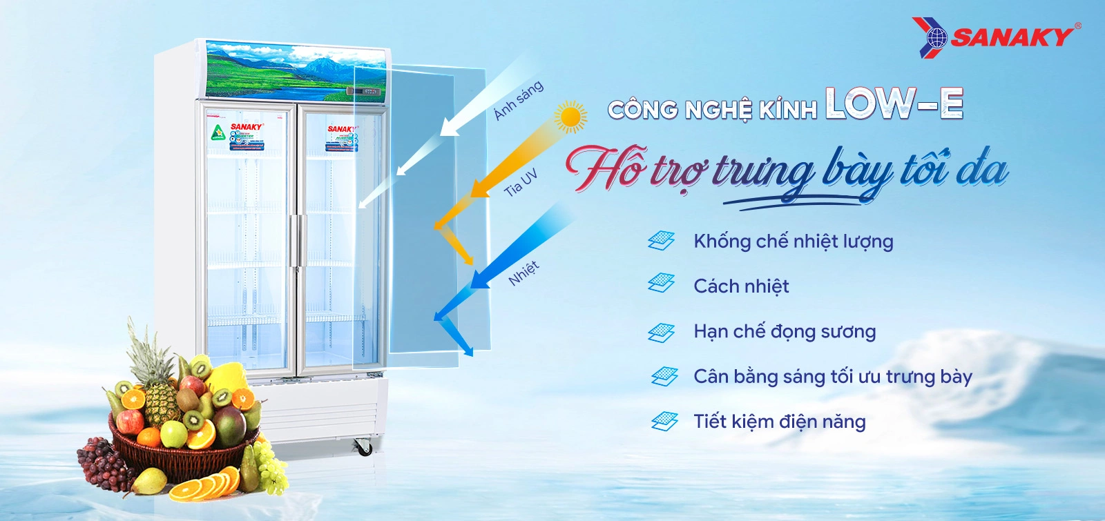 Tủ mát 900 lít Sanaky Inverter VH-1009HP3 với công nghệ kính Low-E hỗ trợ trưng bày tối đa