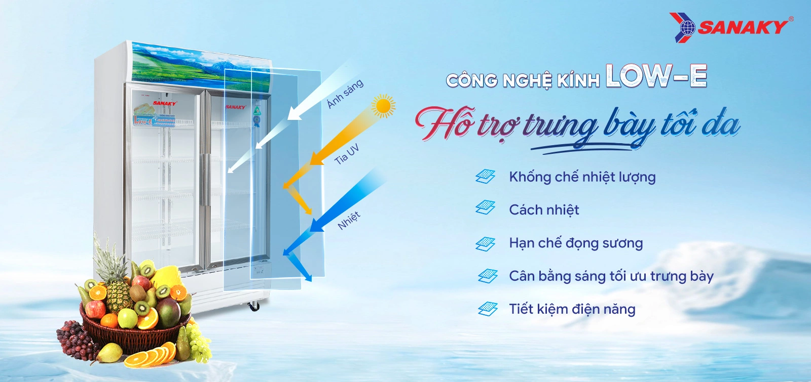Công nghệ kính Low-E hỗ trợ trưng bày tối đa Tủ mát 900 lít Sanaky VH-1009HP trang bị công nghệ kính Low-E hỗ trợ trưng bày tối đa