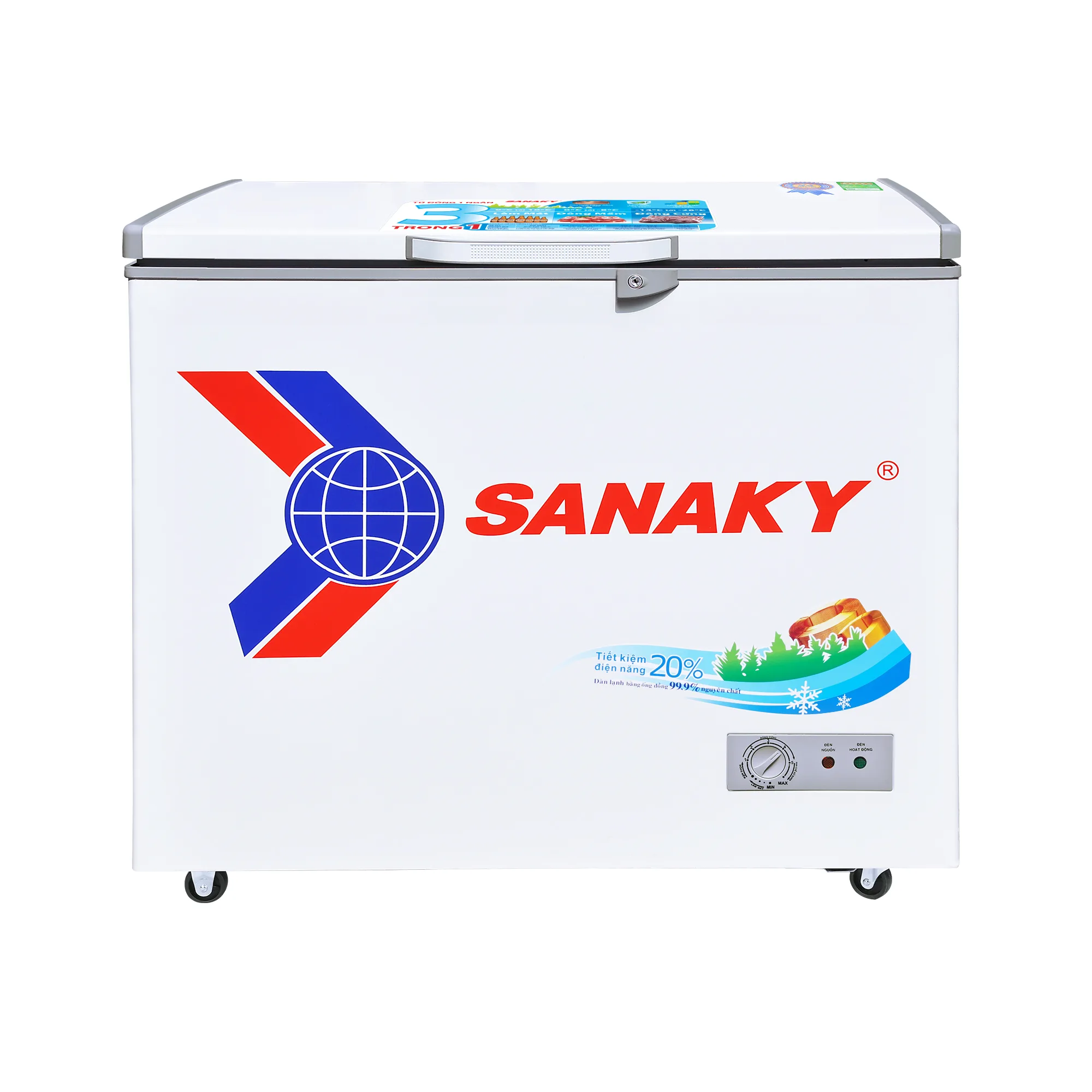 Tủ đông 175 lít Sanaky VH-2299HY2 màu trắng, có logo Sanaky, núm chỉnh nhiệt và đèn báo