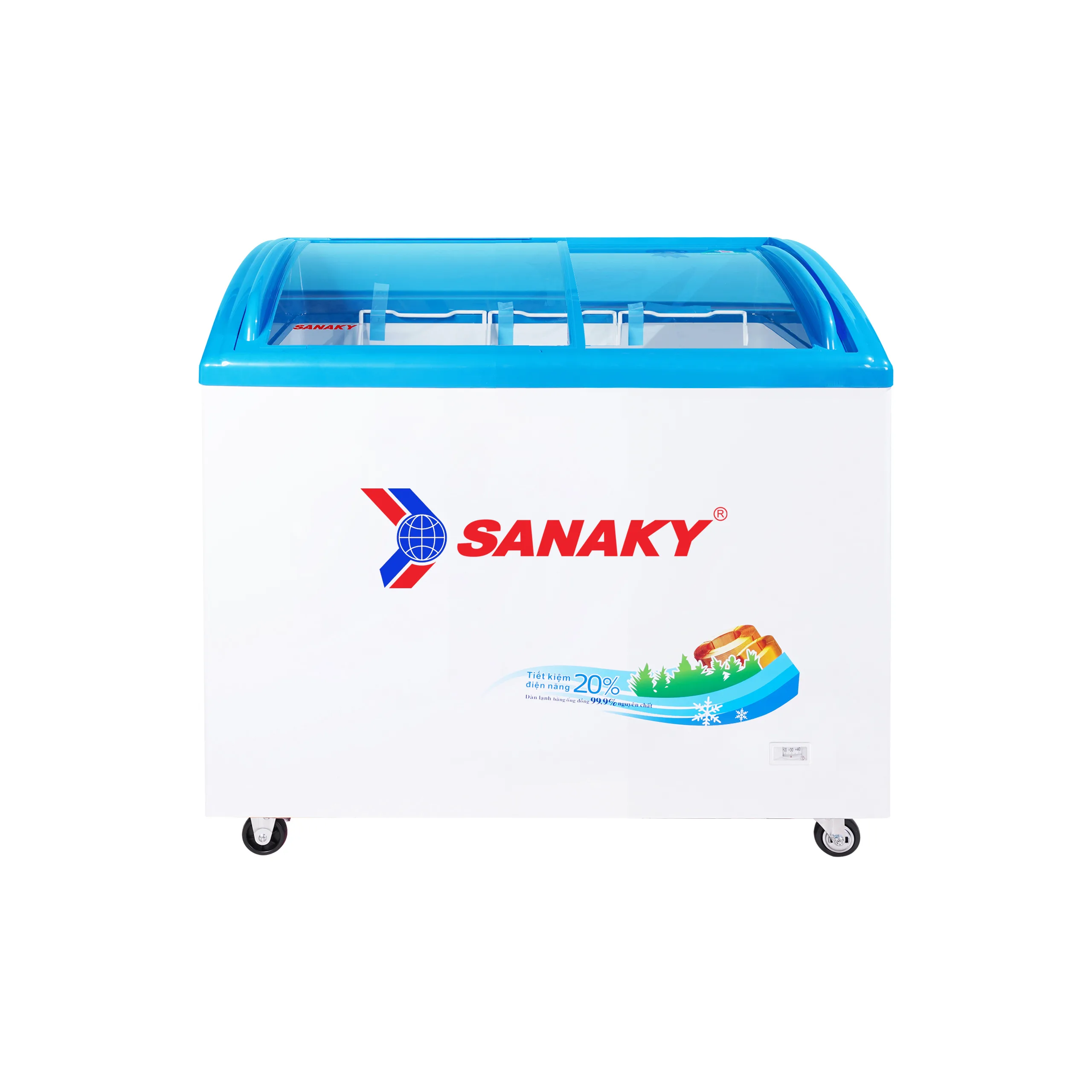 Tủ đông kính cong 211 lít Sanaky VH-2899K với mặt kính cong 2 cánh lùa và logo Sanaky