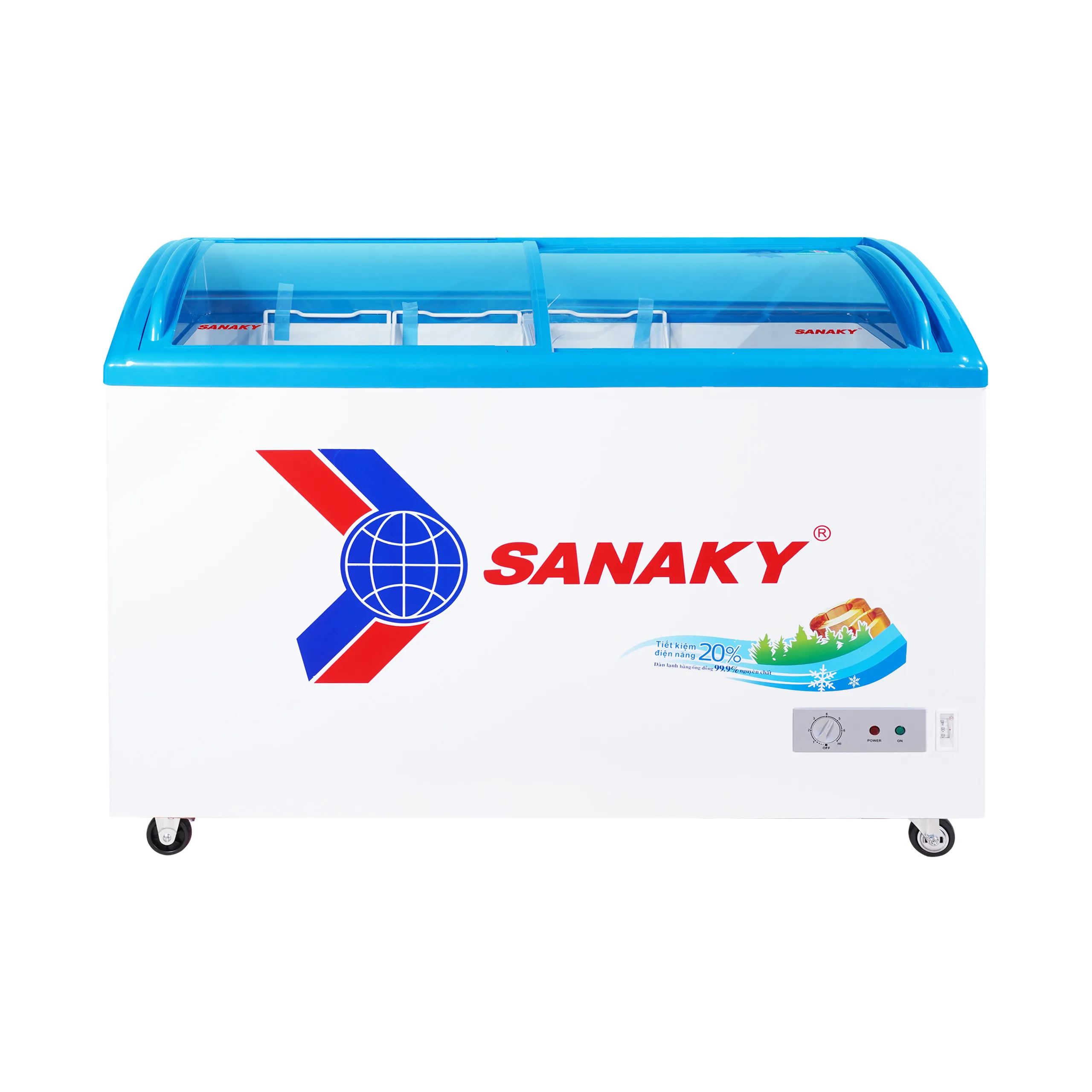 Tủ đông kính cong 260 lít Sanaky VH-3899K với mặt kính cong và cánh lùa