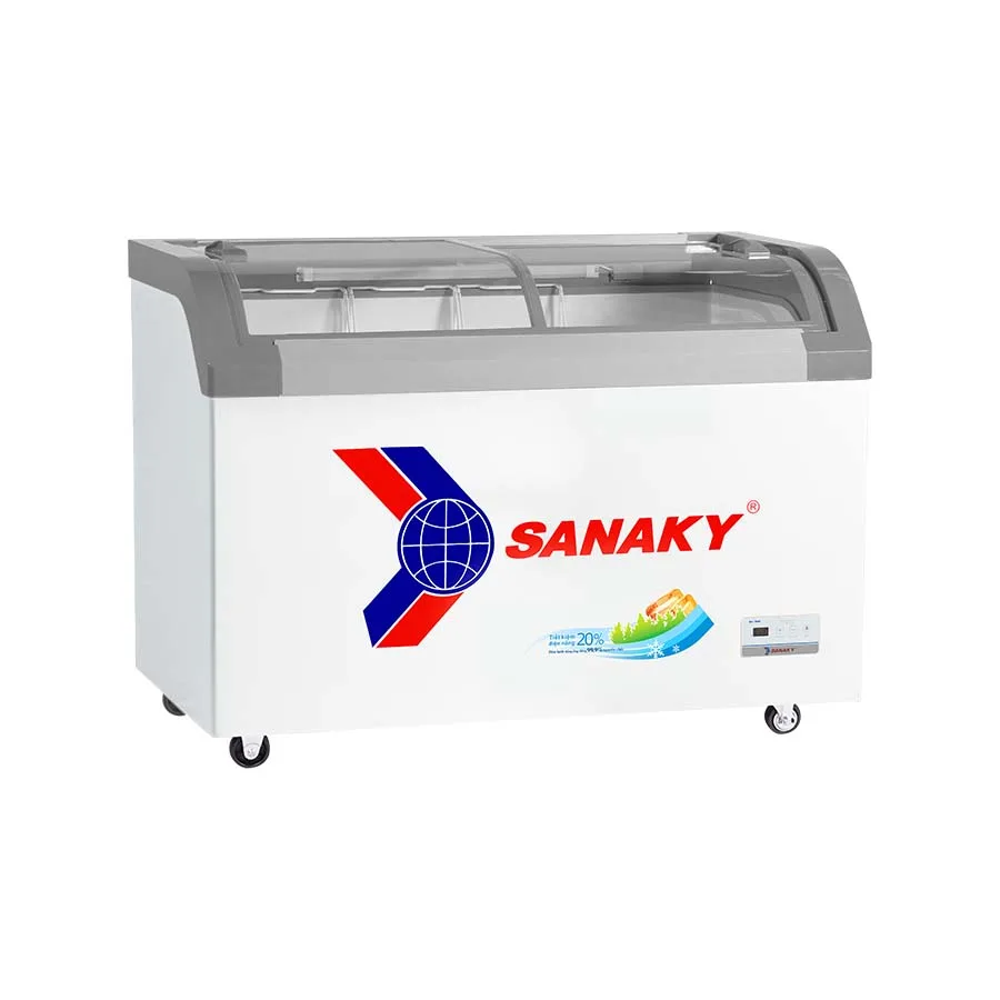 Tủ đông kính cong 280 lít Sanaky VH-3899KB với mặt kính cong và cánh lùa