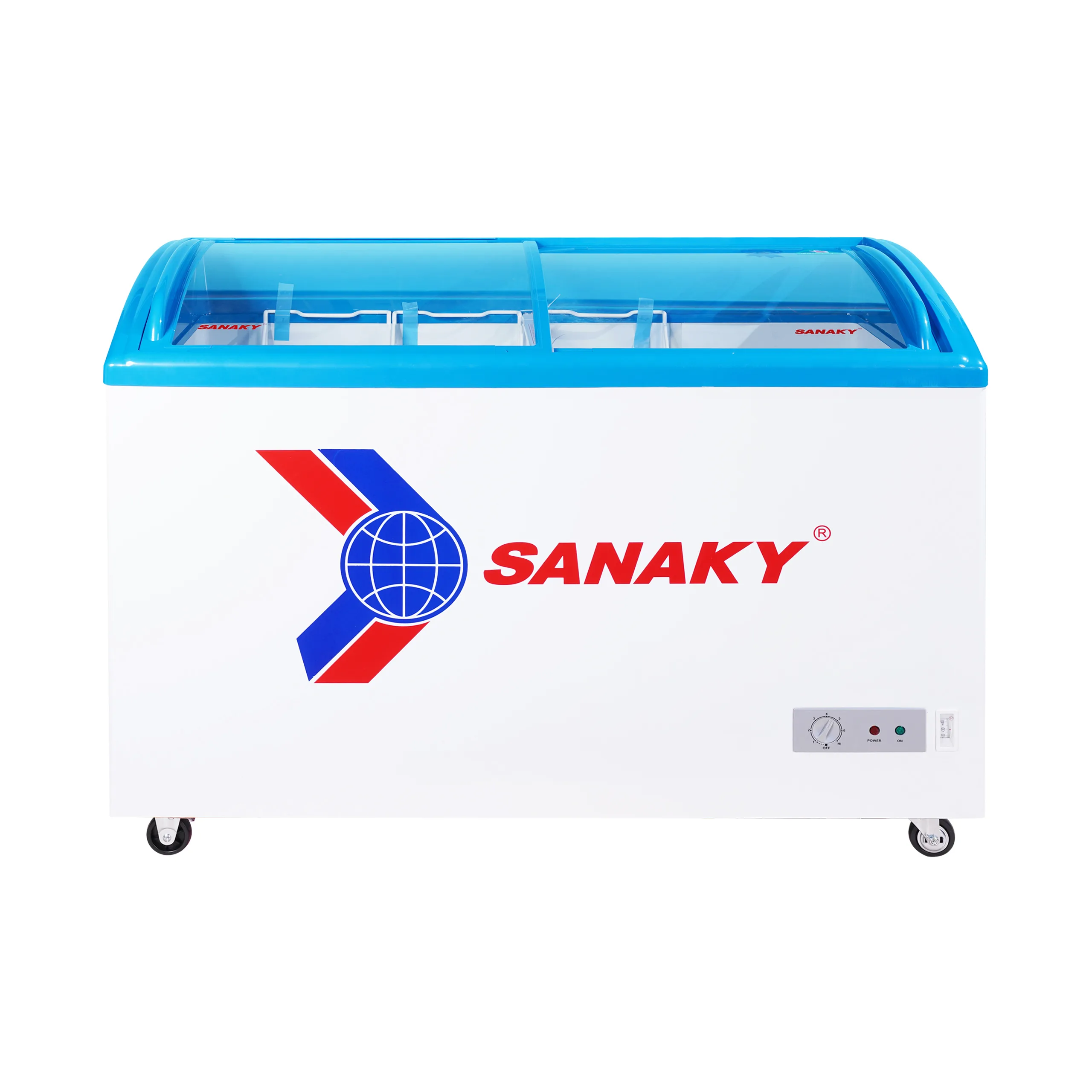 Tủ đông kính cong 324 lít Sanaky VH-482K với cánh kính lùa, mặt trước trắng, logo Sanaky và bảng điều khiển