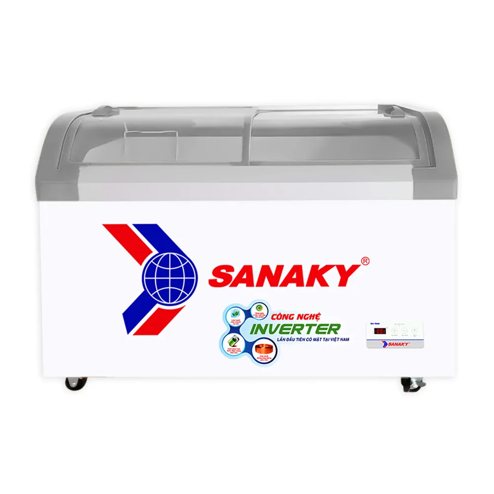 Tủ đông kính cong 350 lít Sanaky Inverter VH-4899K3B mặt trước với thiết kế kính lùa